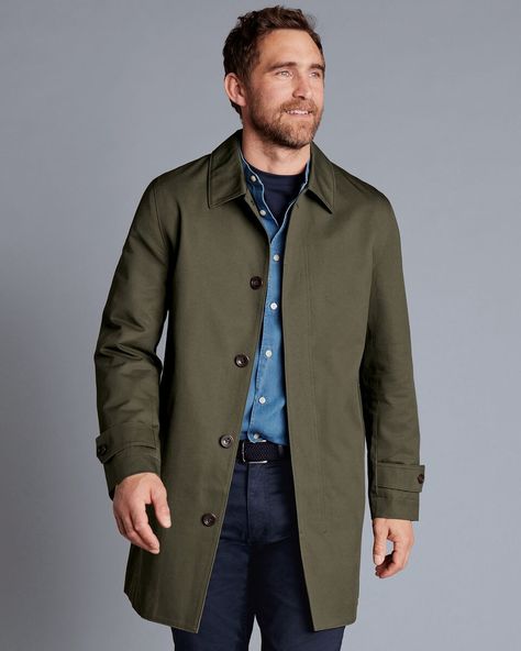 Showerproof Cotton Raincoat - Olive Green | Charles Tyrwhitt Men’s Raincoat, Green Coat Outfit Men, Rain Coat Men, Charles Tyrwhitt Shirt, Green Raincoat, Overcoat Men, Mens Raincoat, Charles Tyrwhitt, Car Coat