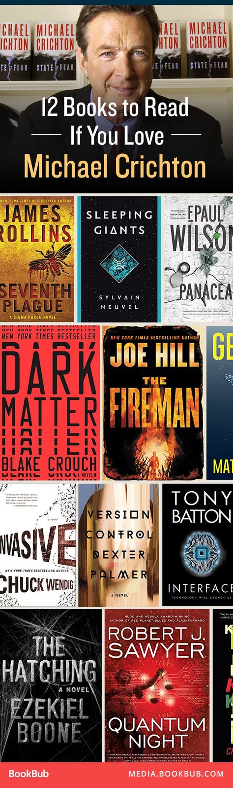 12 books worth a read if you love Michael Crichton, including fast-paced, twisty, science-fiction thrillers. Thriller Books, Science Fiction Books, Michael Crichton Books, 12 Books, Books Reference, Michael Crichton, Types Of Books, Sci Fi Books, Book Dragon