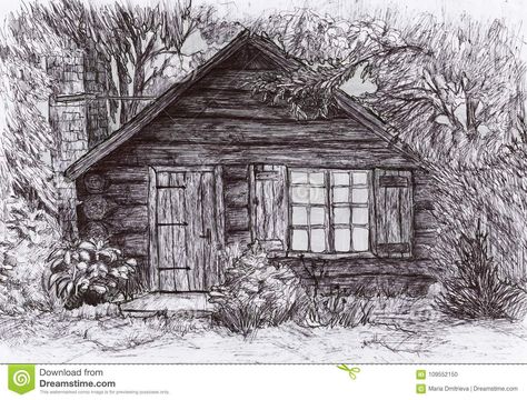 Pen drawing. Cabin house surrounded by trees and shrubs  #cabin #pendrawing #drawing #woods #trees House In The Woods Drawing, House Surrounded By Trees, Woods Drawing, Hut House, Animal Illustration Art, Nature Art Drawings, Cabin House, Cabin Art, Drawing Examples