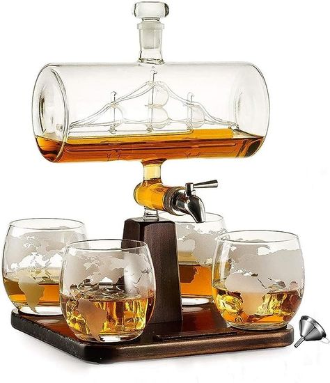 Whiskey Decanter Ship Set, 1000ML Carafe Alcohol Dispenser with 4 Glasses, Pine Base, Pour Funnel and Stainless Steel Faucet, Dad, Husband Or Boyfriend Whisky Decanter Set, Alcohol Dispenser, Wooden Platters, Whisky Decanter, Liquor Dispenser, Whiskey Set, Whiskey Decanter Set, Whisky Bottle, Table Service