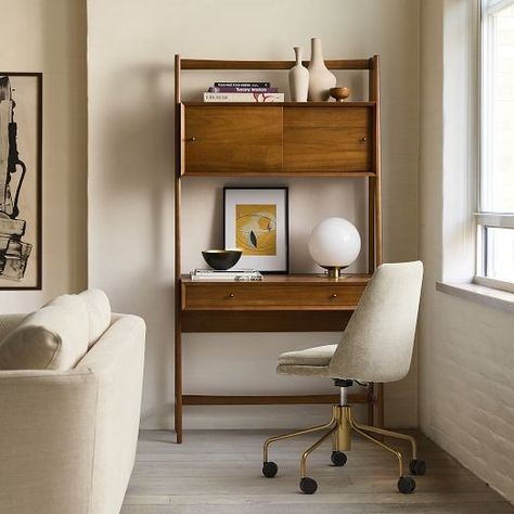 Desks | West Elm Mid Century Wall Desk, Desk West Elm, Mid Century Office Desk, Mid Century Modern Office, Design Desks, Modern Desks, Mid Century Desk, Simple Desk, Modular Walls