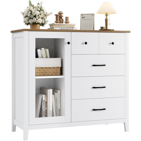 PRICES MAY VARY. 𝐒𝐓𝐎𝐑𝐀𝐆𝐄 𝐌𝐀𝐒𝐓𝐄𝐑 - With 5 deep drawers available in 2 sizes to sort cosmetic and clothing, a roomy bottom cabinet to store linens or throw blankets, and a spacious tabletop for displaying decor, this white dresser caters to your various storage needs 𝐕𝐄𝐑𝐒𝐀𝐓𝐈𝐋𝐄 𝐂𝐀𝐁𝐈𝐍𝐄𝐓 - The tall dresser with glass door can not only be a closet as bedroom furniture, but also works great as a dresser that fits right any nook throughout your home: living room, hallway, en Storage Cabinet For Bedroom, Cabinet For Bedroom, Wood Storage Cabinet, Dresser In Closet, Dresser Wood, Modern Chests, Modern Chest Of Drawers, Dresser For Bedroom, Small Dresser