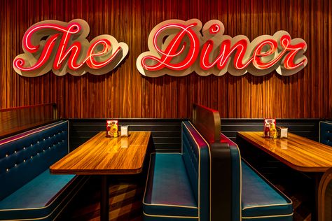 Mid Century Modern Restaurant Design, 1960s Restaurant Interior, Retro Restaurant Design, 60s Diner, Modern Diner, Diner Aesthetic, American Cafe, Diner Sign, Diner Restaurant