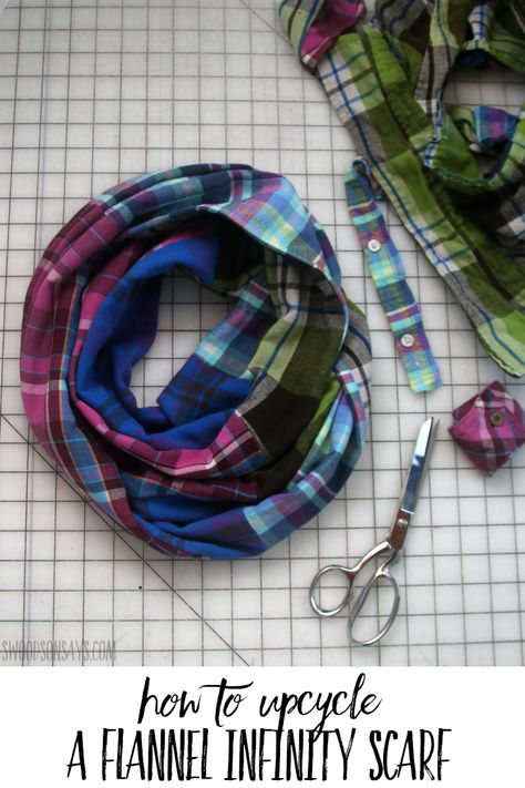 See how to sew a DIY upcycled flannel shirt infinity scarf tutorial with this fun refashion idea. A beginner sewing tutorial to make an easy infinity scarf in an afternoon, with photo walk through! #upcycle #sewing Molde, Upcycling, Couture, Easy Infinity Scarf, Diy Scarves, Thrift Store Upcycle Clothes, Infinity Scarf Tutorial, Sewing Scarves, Upcycled Flannel