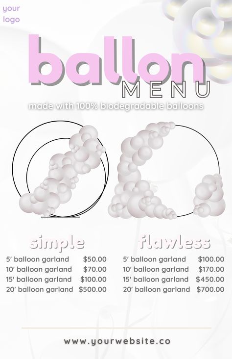 Transform Your Balloon Business with Our Editable Balloon Menu Templates! 🎈 Perfect for Balloon Artists. Bring your balloon decor vision to life and wow your clients with professional pricing and presentation. Download now and elevate your event styling business! #BalloonMenu #BalloonMockup #BalloonDecor #CustomTemplates #EventStylist #PartyPlanning #EditableMenu #CanvaTemplates #EventDesign #BalloonArtist #EventPlanning #WeddingStyling #PartyDecor Balloon Pricing Guide, Balloon Organization Ideas, Styling Business, Balloon Business, Catalog Ideas, Planning Tools, Menu Templates, Balloon Decor, Decorations Party