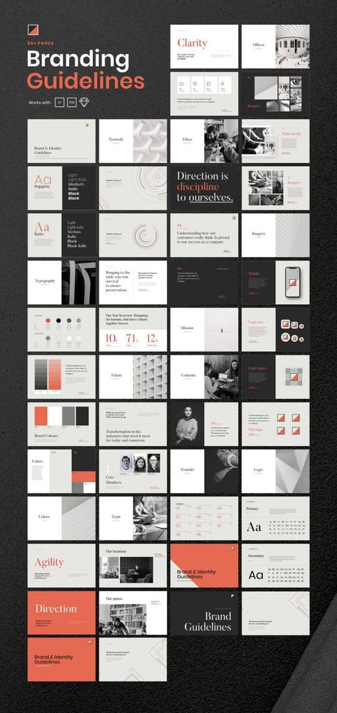 Branding Guidelines Template for Adobe Photoshop, Illustrator, and Sketch. Graphic Design Inspiration Branding, Brand Identity Design Logo Inspiration, Brand Mockup, Brand Proposal, Brand Guidelines Book, Brand Standards, Branding Guidelines, Clean Branding, Brand Guidelines Design