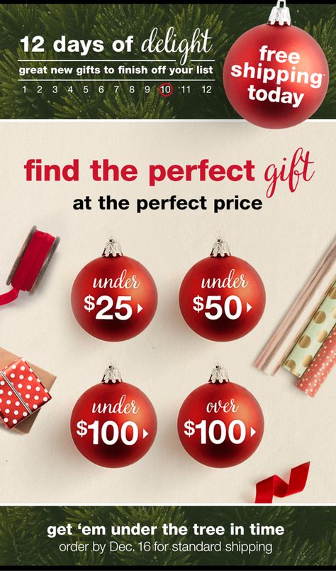 Love the flat lay sections and the overlap of the ornament at the top. / TJMaxx / Subject: "Gifts under $25, $50 & $100!" / Received: December 14, 2016 / #email #design #emaildesign #marketing #campaign #promo #promotion #brand #holiday #christmas #decorations #sale Spa Promotion Ideas Christmas, Natal, Christmas Email Marketing, Christmas Sale Poster Design, Christmas Email Design, Christmas Sale Email, Christmas Promotion Design, Christmas Advertising Design, Holiday Email Campaigns