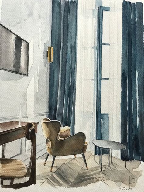 Unleashing the Potential of Every Space through Skillful Sketching Croquis, Watercolour Interior Drawing, Interior Design Watercolor Sketch, Watercolor Interior Rendering, Watercolour Interior, Interior Design Watercolor, Watercolor Interior Design, Living Room Watercolor, Watercolor Interior