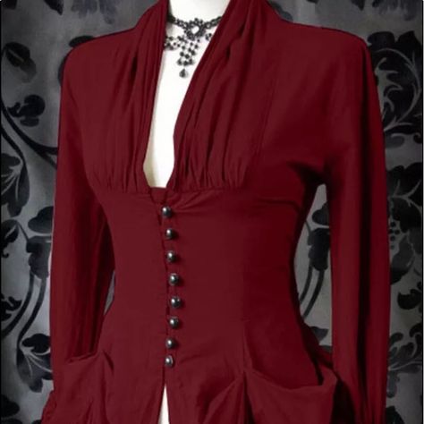 New Ruched Medieval Steampunk Very Lightweight Material Long Sleeved Top Dark Cranberry Red Also Have A Gorgeous Blue. Never Ever Worn But Was Sold In Plastic Sack, Without Tag Attached. Their 3x Is A 1x Or Even Xl. So Please See Chart. This Is Not The 3x It Says On Tagit’s Asian 3x, Us 2 Sizes Smaller. Gory Fangtell, Dark Red Suit, Pagan Style, Corp Goth, Dark Red Blouse, Medieval Steampunk, Pagan Fashion, Red Goth, Red Sleeveless Blouse