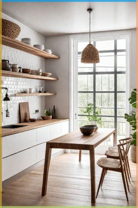 wood2 Modern kitchen with wooden shelves, minimalist white cabinets, and a large window creating a bright, airy dining area. | Sky Rye Design Scandi House Interior Design, Pink Boho Bedroom Ideas, Modern Scandi Kitchen, Pink Boho Bedroom, Earthy Scandinavian, Scandinavian Kitchen Decor, Scandinavian Studio, Scandinavian Style Kitchen, Beautiful Kitchenware