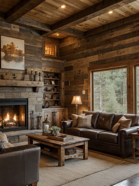 Rustic living room ideas with reclaimed wood accents and cozy fireplace for a cozy cabin feel. #LivingRoomIdeas #LivingRoomDesign Cabin Family Room Ideas, Living Room Designs Cabin, Cabin Home Living Room, Rustic Livingroom Ideas, Rustic Cabin Interiors Living Room, Cabin Inspired Living Room, Rustic Interiors Living Room, Classy Cabin Decor, Rustic Home Design Living Room