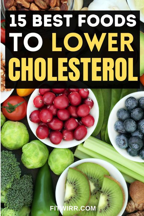 The pin features an image of raw foods that are known to help lower cholesterol and maintain healthy eating for the overall health. The pin title on top reads "15 foods to help lower cholesterol." Low Cholesterol Food List, Foods To Lower Triglycerides, Low Cholesterol Meal Plan, Foods To Lower Cholesterol, Low Cholesterol Recipes Dinner, Low Cholesterol Snacks, Clear Arteries, Good Cholesterol Foods, Heart Healthy Recipes Cholesterol