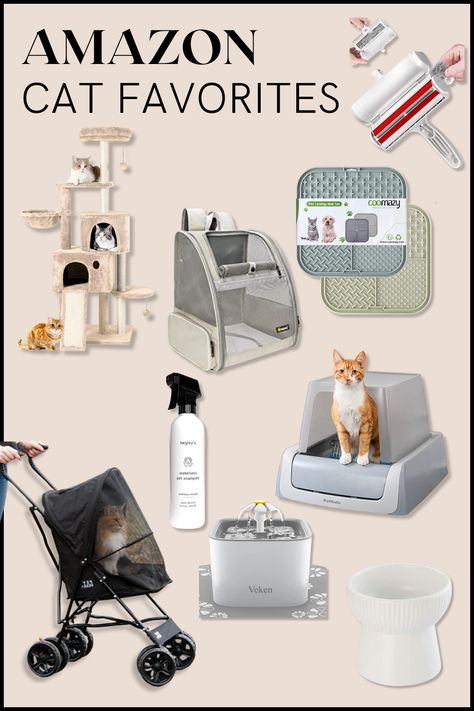 Cat products from amazon including litter box, chom chom, cat tree, back pack, water fountain, raised food bowl, stroller, and waterless shampoo. Cats Things Products, Cat Neccesities, Cats Needs List, Cool Cat Gadgets, Cat Care Products, Cat Owner Must Haves, Cool Cat Accessories, Must Have Cat Items, Cute Cat Essentials