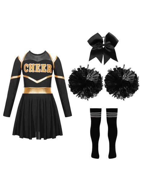 PRICES MAY VARY. The cheerleading dance outfits are made of soft fabric, breathable and comfortable to wear Long sleeve dress with letter print, off-shoulder, sheer mesh patchwork and contrast color details, keyhole back Built-in briefs offer greater freedom of movement during dancing, with a layer of skirt, simple but stylish Come with a cute bowknot headwear, 2Pcs tassel hand flowers and a pair of striped socks Perfect for many occasions, cheerleading dance, school sports meeting, stage perfor Cheer Leader Costume, Cheerleading Costume, Cheerleading Dress, Kids Halloween Birthday Party, Cheer Costumes, Mr Price Clothing, Cheerleading Dance, Cute Cheerleaders, Cheerleader Costume