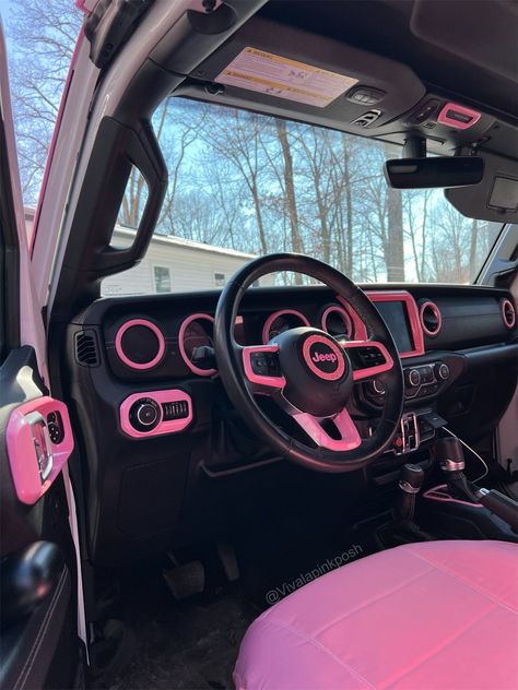 Pink Jeep accessories Jeep Black And Pink, Black Jeep With Pink Interior, Girly Black Jeep Wrangler, Pink Jeep Gladiator Accessories, Black Jeep Wrangler Pink Interior, Jeep Interior Lights, Keep Wrangler Interior, Pink And Black Jeep Wrangler, Pink Wrapped Jeep