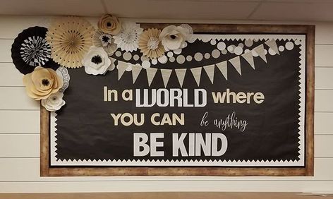 Another wall ✔ #inaworldwhereyoucanbeanythingbekind #bekind #itsnothard #seriously #carsondellosa #paperflower #paperfan #papercrafting… Bulletin Board High School Hallways, Bulletin Board For School Office, Chalkboard Bulletin Board, Classy Bulletin Board Ideas, Middle School Office Bulletin Boards, Principal Office Board Decoration Ideas, Bulletin Board Farmhouse, Bulletin Board Ideas Farmhouse, White Wood Bulletin Board Ideas