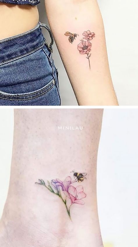 Daisy And Bee Tattoo Small, Dainty Honey Bee Tattoo, Bee And Birth Flower Tattoo, Bee And Tulip Tattoo, Behind The Ear Bee Tattoo, Bee Tattoo Ideas With Flowers, Honeybee Tattoo Flowers, Tattoo With Bees And Flowers, Honey Bee On Flower Tattoo