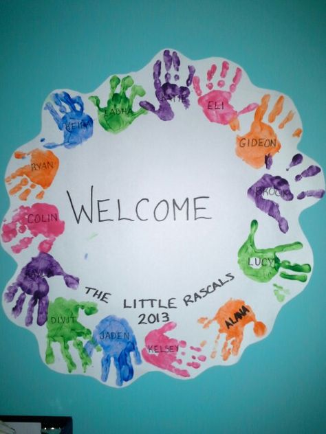 Preschool handprint welcome wreath Welcome Art For Preschool, Montessori, August Calander, K4 Crafts, Dream Balcony, Handprint Wreath, Welcome To Preschool, Mother's Day Crafts For Kids, All About Me Crafts