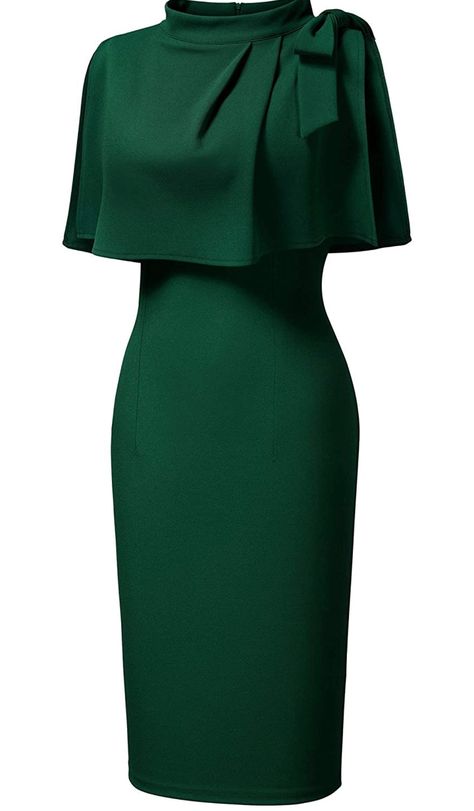 "Great" - Hanifa B. Cape Collar Dress, Dresses With Capes Casual, Green Cape Dress, Cape Sleeve Dress, Batwing Dress, Makeup Tip, Bow Knot, Classy Dress Outfits, Elegantes Outfit