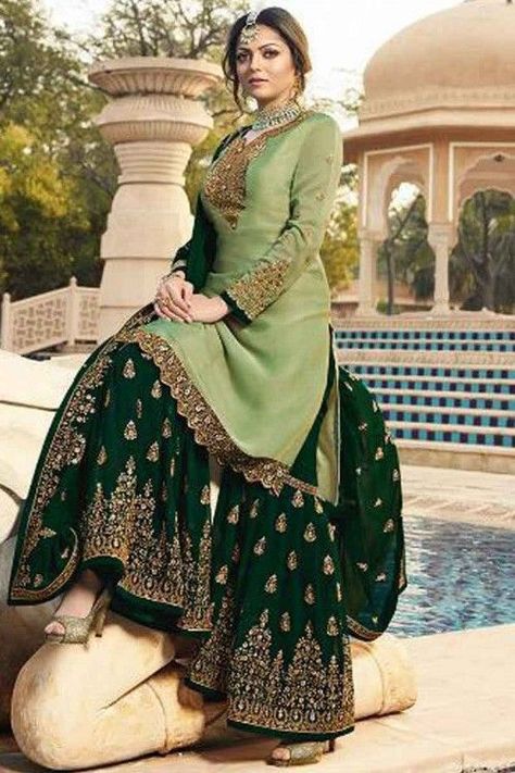 Very stylish and attractive color combination  dresses ....Unique color contrast for party dresses  #fashionandarts #colorcombination #colorcombo  #dresscolorcombinationwithpink #bestcolourcombinationwithblack #olivegreencombinations #latestdesignsdresses #2019dresses #colorcombinationforgirls #mehndidressescolorcombination Pakistani Gharara, Gharara Suit, Gharara Designs, Orang India, Embroidered Sharara, Combination Dresses, Sharara Designs, Ethnic Dresses, Pakistani Formal Dresses