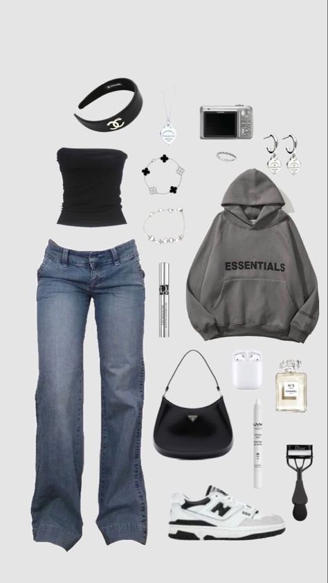 Blue jeans black cute top Tee grey hoodie essentials black bag from prada shoes green and white make up lashes headphones AirPods highlighter white bracelet necklace accessories parfume black head band frok chanel and mascaras earrings ring camera for cool and cute and good aesthetic photo What Are The Different Styles Of Fashion, Kpop Outfit Inspo Casual, Aesthetic Outfit Styles, Black Fits Aesthetic, Itzy Concert Outfit Ideas, Outfits On White Background, Cute Style Outfits, Coquette Style Outfits, Blue And Black Outfit