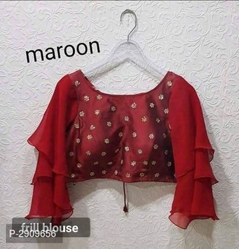 Maroon Engagement Blouse Beautiful Readymade Art Silk Wedding Stone Work Saree Stitched Crop Party W Designer Sari, Blouse Elegant, Frill Top, Frill Blouse, Salwar Kamiz, Indian Wedding Wear, Indian Blouse, Sari Blouse, Ruffle Sleeve Blouse