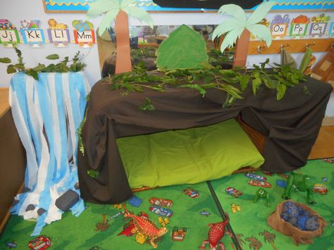 Dinosaur/Jurassic Park Dramatic Play -DIY Cave and Waterfall Dramatic Play Diy, Dinosaur Masks, Dinosaur Jurassic Park, Preschool Classroom Themes, Dinosaur Mask, Role Play Areas, Pre Primary, Dinosaurs Preschool, Esl Games