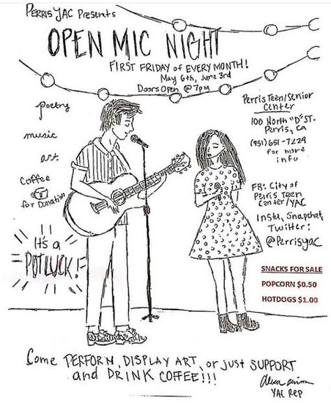 Open Mic Night Are you a talented individual come to Open Mic Night to perform and enjoy other performances. Poets, singers, rappers, comedians, musicians, and performers come perform and support others and drinkl some coffee for donations and snacks for sale Popcorn $0.50 & Hotdogs $1.00 May 6 hosted @ Perris Teen Center 100 North D. ST. Perris, CA 92570, 951-651-7229. Open Mic Night Ideas, Open Mic Poetry Night, Open Mic Aesthetic, Snacks For Sale, Poetry Performance, Open Mic Night, 2024 Mood, Open Mic, Art Village
