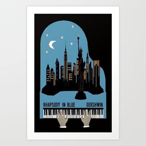 This artist does a few neat music-related prints! Love this. Collect your choice of gallery quality Giclée, or fine art prints custom trimmed by hand in a variety of sizes with a white border for framing. Piano, Arte Jazz, Rhapsody In Blue, Jazz Poster, Jazz Art, Jazz Club, Jazz Blues, Art Blue, Jazz Music