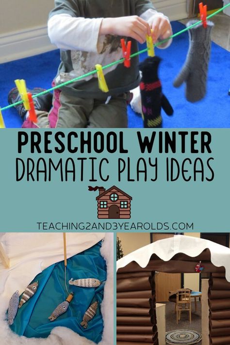 Add some snowy winter fun to your dramatic play area, from ice skating to a snowy winter cabin. #winter #dramaticplay #preschool #toddler #pretend #printable #2yearolds #3yearolds #teaching2and3yearolds Montessori, Ice Fishing Preschool, Ice Fishing Dramatic Play Preschool, Ice Fishing Dramatic Play, Valentines Dramatic Play, Snow Dramatic Play, Kindergarten Hibernation, Winter Dramatic Play, Dramatic Play Ideas