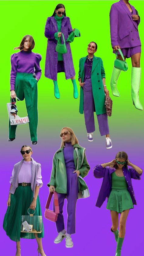 Purple and green outfit inspiration #purple #green #outfitinspiration Purple And Green Outfit Ideas, Olive Green And Purple Outfit, Purple Colorblock Outfit, Purple And Olive Green Outfit, Purple And Green Fashion, Purple Green Outfit Aesthetic, Lime Green And Purple Outfit, Green And Purple Clothes, Purple And Green Aesthetic Outfit