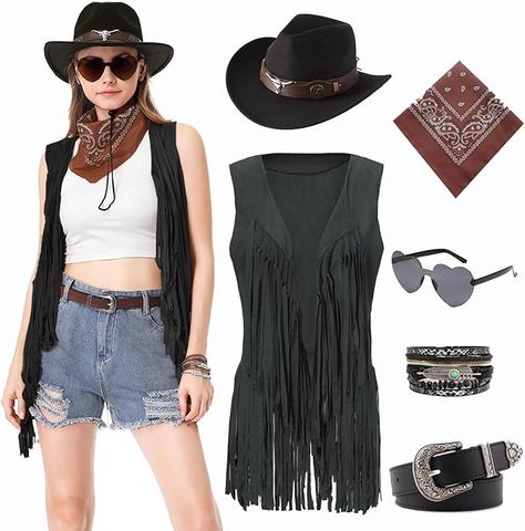 Amazon.com: yawclaw Western Outfit for Women Cowgirl Costume Adult Western Cowgirl Tassels Fringe Vest with Hat Belt Bandana Bracelet : Clothing, Shoes & Jewelry Black Cowboy Hat Outfit Woman, All Black Cowgirl Outfit, Wild West Outfit Women, Western Outfit For Women, Cowgirl Outfits Black Women, Disco Cowgirl Outfit, Winter Steampunk, Cowgirl Bandana, Cowgirl Vest