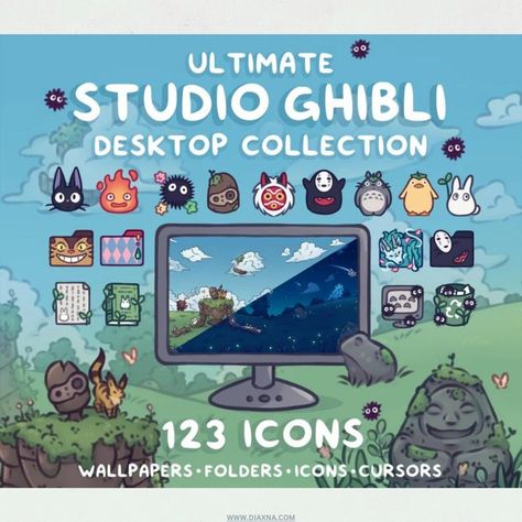 Transform Your Desktop: Explore the STUDIO GHIBLI Ultimate Collection of 123 Icons for Computer Background Wallpaper and Icon Organization by immabunnishop! Studio Ghibli Laptop Wallpaper, Computer Wallpaper Cat, Studio Ghibli Desktop, Studio Ghibli Wallpaper Desktop, Wallpaper Theme, Secret World Of Arrietty, Desktop Themes, Computer Background, Desktop Icons