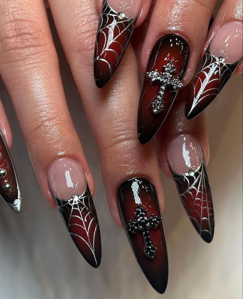 90s vampy chic nail art set 90s Nail Art, Opi Put It In Neutral, Almond Tips, Vampy Nails, Vampire Nails, 90s Nails, Horror Nails, Punk Nails, Gel Glue