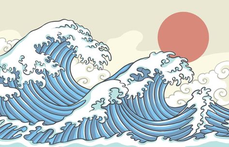 Traditional Japanese Art Style, Japanese Wave Painting, Waves Cartoon, Japanese Wave Tattoos, Japanese Art Style, Traditional Japanese Tattoo Designs, Japanese Pen, Wave Drawing, Ocean Waves Art