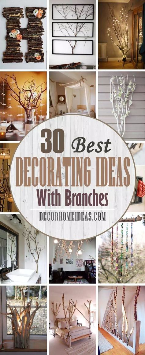 Best Decorating Ideas With Branches. Tree branches are popular interior decorations as they have some advantages - they are free and you can arrange them the way you like. Here are some fantastic ideas to decorate your home and incorporate nature in your interior. #decorhomeideas Tree Branches Wall Decor, Tree Branch Arbor Diy, Upcycling, Diy Tree Branches Ideas, Pot With Sticks Decor, Birch Twigs Decor, Rustic Forest Home Decor, Twig Art Diy Wall Hangings, Halloween Branch Decor