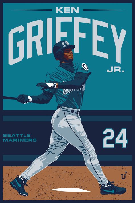 UNOFFICiAL ATHLETIC | Ken Griffey Jr. Poster Design Famous Baseball Players, Baseball Wallpaper, Mariners Baseball, Sports Drawings, Ken Griffey Jr, Baseball Posters, Baseball Pictures, Baseball Art, Ken Griffey Jr.