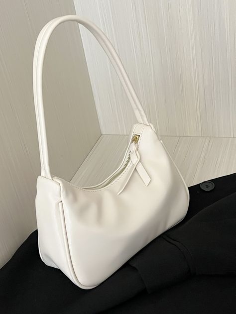 White Fashionable   PU Leather Plain Baguette Bag Embellished   Women Bags Baguette, Ladies Purses Handbags Style, Ladies Purses Handbags, White Bag Outfit, Cool Purses, Small Bags Fashion, Formal Bag, Simple Purse, Tas Mini