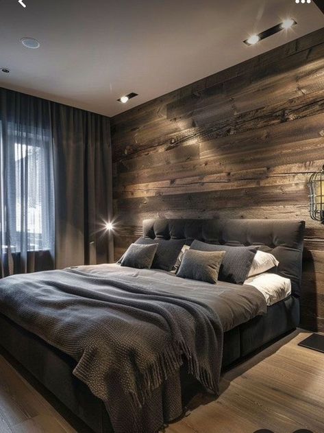 With the right men's bedroom ideas, you can transform your room into a space that you love spending time in. Dark Room With Wood Accents, Master Rustic Bedroom Ideas, Rustic Themed Bedroom, Men’s Rustic Bedroom, Cozy Rustic Bedroom Ideas, Black Brown Bedroom Ideas, Cozy Mens Bedroom, Small Bedroom Master, Small Rustic Bedroom Ideas