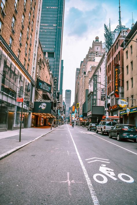 This is an image of West 44th Street at the corner of 8th Avenue in New York City looking east. The marquee at the Majestic Theater for Phantom of the Opera on Broadway in NYC is visible. Street In New York, City Landscape Photography, New York City Landscape, Walking Nyc, Streets Photography, Pretty Streets, New York Streets, City Sidewalk, Walking In The City