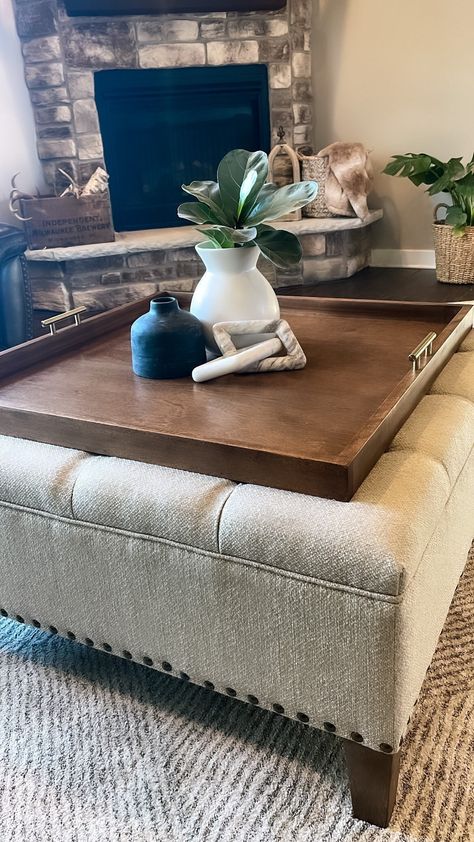 Tray On Ottoman, Ottoman Tray Decor Ideas, Oversized Ottoman Tray, Ottoman Tray Decor, Wood Ottoman Tray, Large Ottoman Tray, Oversized Ottoman, Wood Ottoman, Ottoman Decor