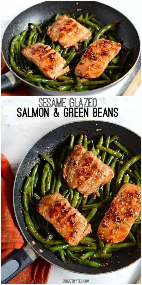 Sesame Glazed Salmon and Green Beans - Budget Bytes Fish And Green Beans, Salmon And Green Beans, Salmon Green Beans, Paleo Salmon, Budget Bytes, Salmon Pasta, Salmon Dinner, Superfood Recipes, Salmon Fish