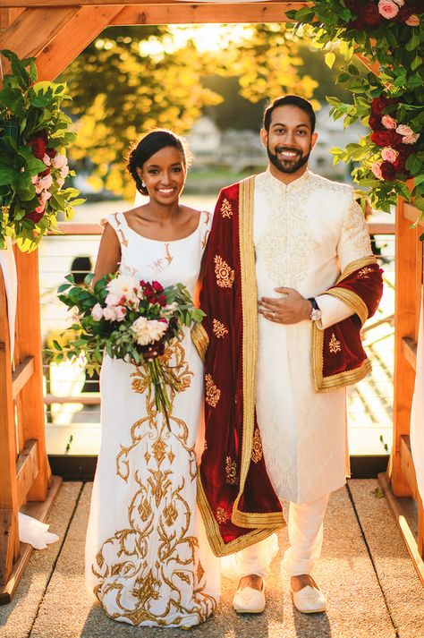 Ethiopian Pakistani wedding at the Riverview at Occoquan in VA. The bride and groom chose to wear their traditional cultural attire and we LOVED it! Visit the blog for more amazing photos from this intercultural wedding. Blindian Wedding, Blindian Couples, Colourful Bride, Intercultural Wedding, Eritrean Wedding, Ethiopian Wedding Dress, Rasta Party, The Beauty Of A Woman, Weddings Dress