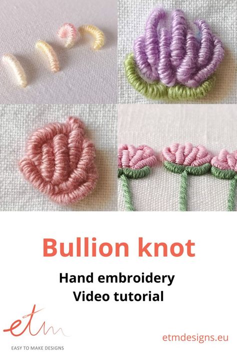 Bullion knot (bullion stitch) is a very versatile stitch. Almost every embroidery technique uses them: cutwork, lacework, Brazilian embroidery - you name it. You can use Bullion knots not only to make famous Bullion roses but also, to embroider petals of other flowers, make buds, leaves, grass, starfish, and many more. Bullion Flowers Hand Embroidery, Bullion Stitch Tutorial, Embriodary Flowers, Brazilian Embroidery Stitches Flowers, Bullion Stitch Embroidery Design, Embriodary Stitches, Embroidery Leaves Tutorials, Bullion Knot Embroidery Designs, Bullion Knot Embroidery