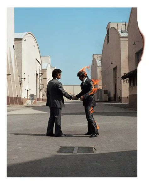 ‘It’s dangerous for a man on fire to stand still’ … cover art for Pink Floyd’s Wish You Were Here. Pink Floyd Album Covers, Storm Thorgerson, Pink Floyd Albums, Pink Floyd Art, The Smashing Pumpkins, Man On Fire, Cd Box, Pretty Reckless, Richard Williams