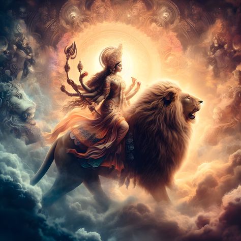 Goddess durga on lion and in the background create some fogg and look like heaven in the form of digital art in 4k Bonito, Divine Light Aesthetic, Durga Maa Art, Indian Goddess Art, Durga On Lion, Lion Goddess, Durga Art, Durga Maa Pictures, Maa Shakti