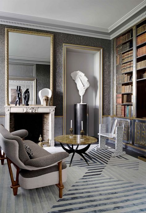 Jean-Louis Deniot Modern Paris Apartment - Rue de Rivoli Flat Home Libraries, Wall Upholstery, Paris Flat, Jean Louis Deniot, Leather Wing Chair, Maison Jansen, Paris Apartment, Classic Home Decor, Custom Sofa