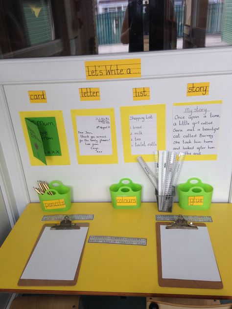 Writing Table Classroom, Yr 1 Classroom Ideas, Writing Table Preschool Ideas, Reception Writing Activities Eyfs, Writing Ideas Eyfs, Eyfs Writing Table, Provocation Table Ideas, Writing Table Preschool, All About Me Eyfs Continuous Provision