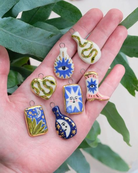 Some recent ceramic charms 🕊️🌹🐄🌿🦋 Currently working on a new collection of jewellery, what kind of things do you want to see? | Instagram Fimo, Ceramic Charms Handmade, Diy Clay Pendants, Diy Clay Charms, Little Clay Ideas, Polymer Clay Charms Diy, Clay Charm Ideas, Cute Polymer Clay Charms, Cute Clay Charms