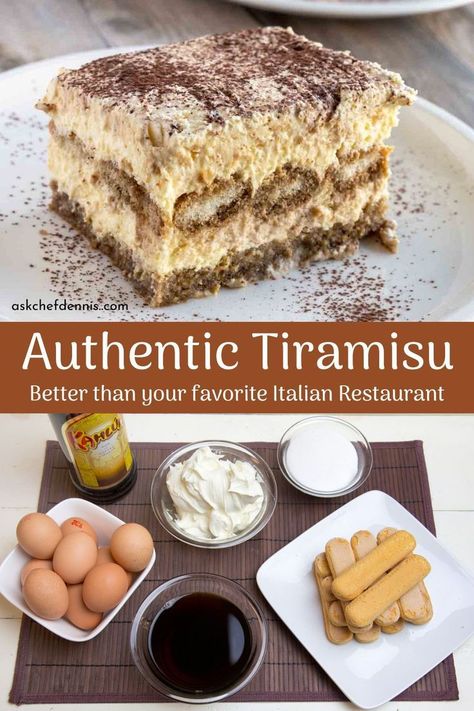 This easy-to-make and amazingly delicious tiramisu recipe from Ask Chef Dennis is the BEST! This recipe features coffee-soaked ladyfingers, creamy mascarpone, homemade whipped cream, and a dusting of cocoa powder for the perfect finish on this classic Italian dessert. If you are looking for the perfect dessert, this is it! Make this now! Authentic Tiramisu Recipe, Best Tiramisu Recipe, Best Tiramisu, Easy Tiramisu Recipe, Dessert To Make, Kolaci I Torte, Italian Dessert, Tiramisu Recipe, Homemade Whipped Cream